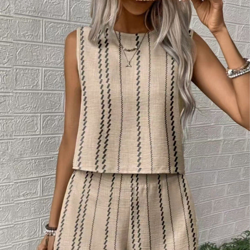 Shipped: tiktok/ european and american summer casual striped sleeveless fashion tank top and shorts two-piece set