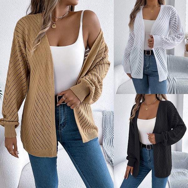 ins wind real shot autumn and winter European and American casual solid color hollow long-sleeved cardigan sweater jacket, independent station  women's clothing
