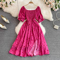 2024 summer new french chic sweet square neck puff sleeve a-line dress with cinched waist and slit – slimming and flattering