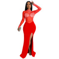 C7330 cross-border   fashion women's sexy see-through mesh rhinestone slit dress