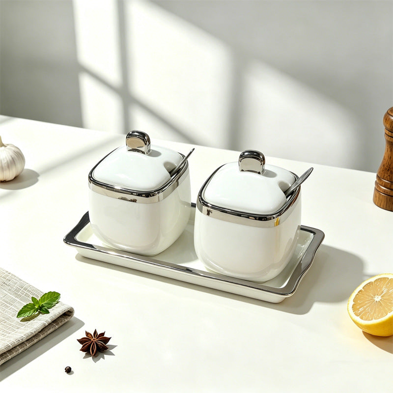 New ceramic seasoning jar set - complete home spice rack, salt & sugar bowl set with spoons - wholesale kitchen utensils