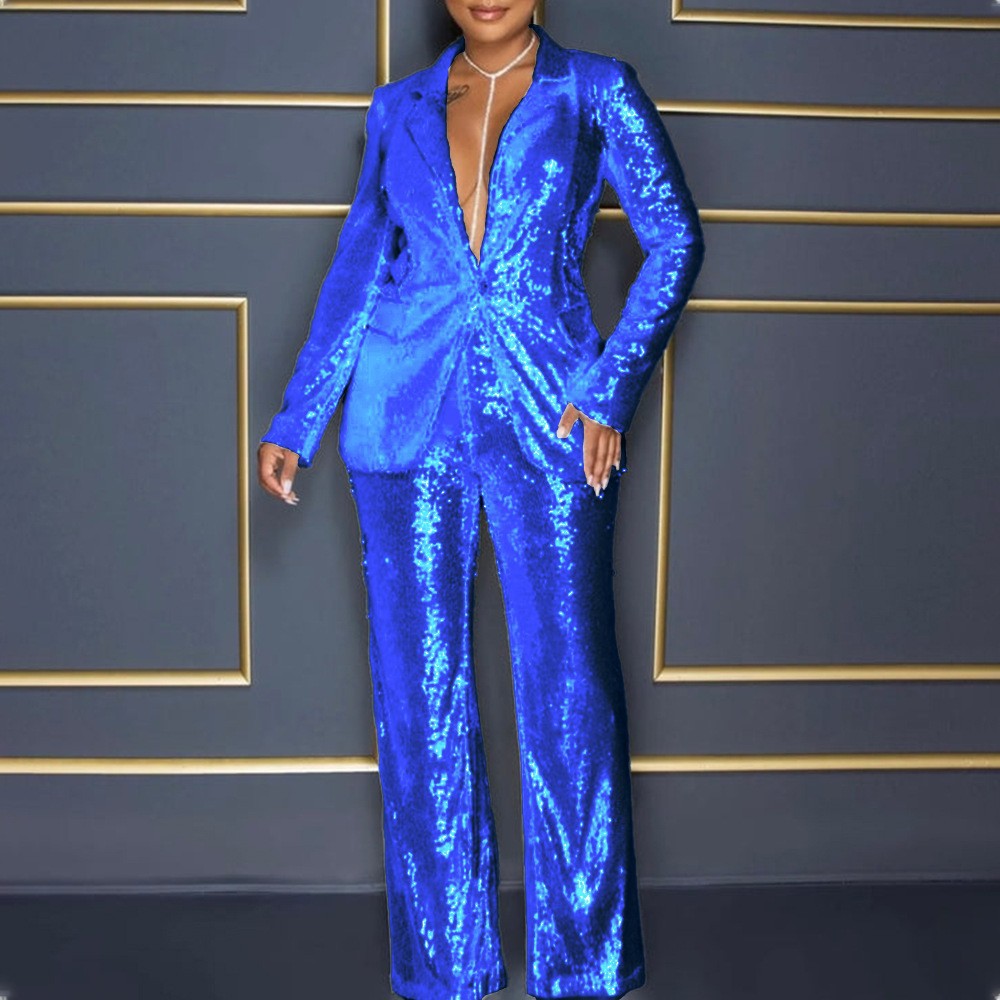 summer cross-border jumpsuit: new european and american style  women's long-sleeve v-neck sequin jumpsuit two-piece set