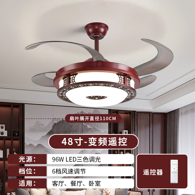 Wood art frequency conversion restaurant invisible ceiling fan light living room lamp solid wood 42 inch 48 Chinese style mahogany Chinese fan light