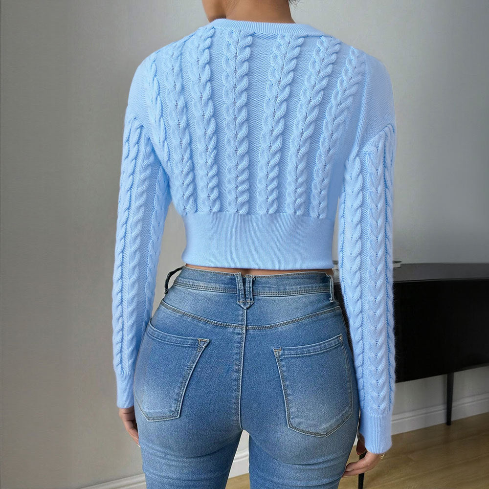 Cross-border European, American autumn and winter new women's clothing, crew neck short wool top pullover college style ins long-sleeved sweater