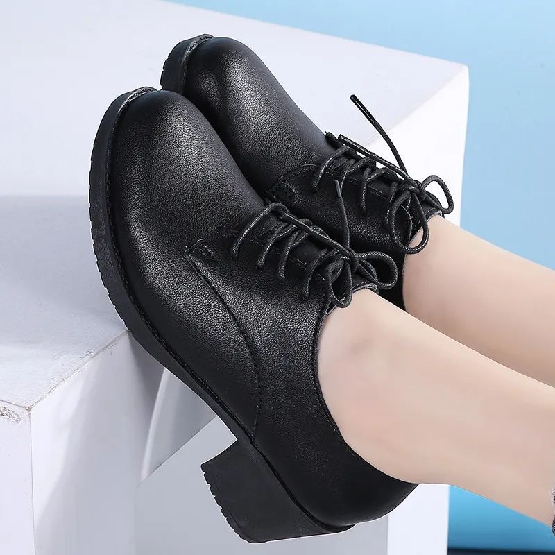 Women's retro leather mary janes - spring/autumn style, british-inspired mid-heel professional flats, black interview/work shoes - comfortable & non-fatiguing