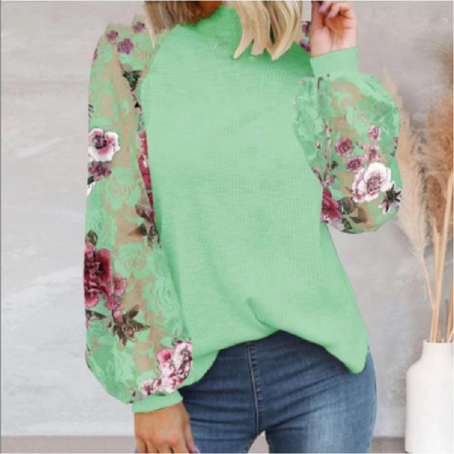 european and american export  new women's long-sleeve lace casual loose t-shirt top