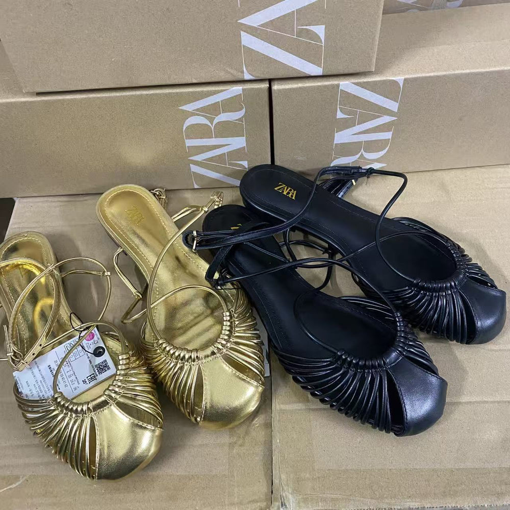 Za2025 spring new arrivals: women's gold-plated metal-effect hollow-out round-toe ankle strap sandals
