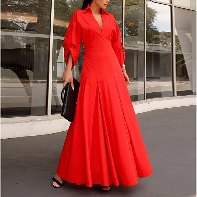 summer new women's clothing: cross-border european and american style dress - fashionable and elegant solid color v-neck pleated maxi dress