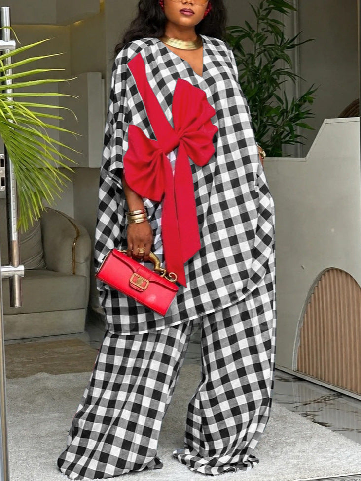 Autumn new plaid design suit casual work clothing bows decorated straight-leg pantsloosecasualtwo-piece set