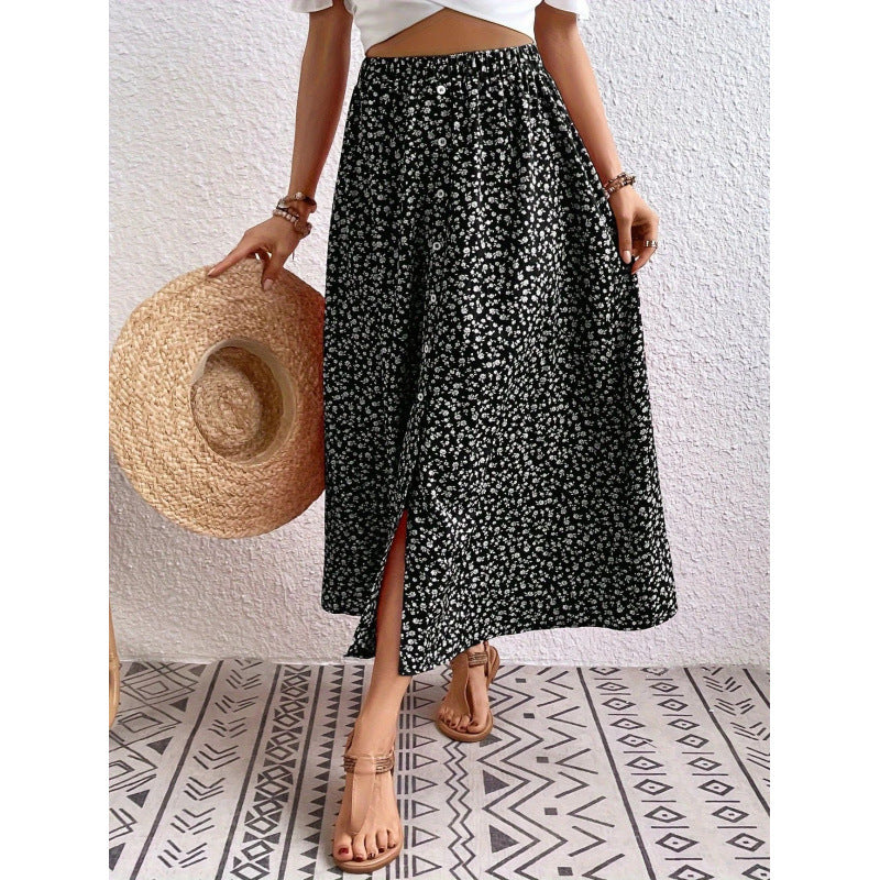 Shipped:  new cross-border european and american printed dress, button-down tie-up maxi skirt, summer country a-line skirt, midi skirt