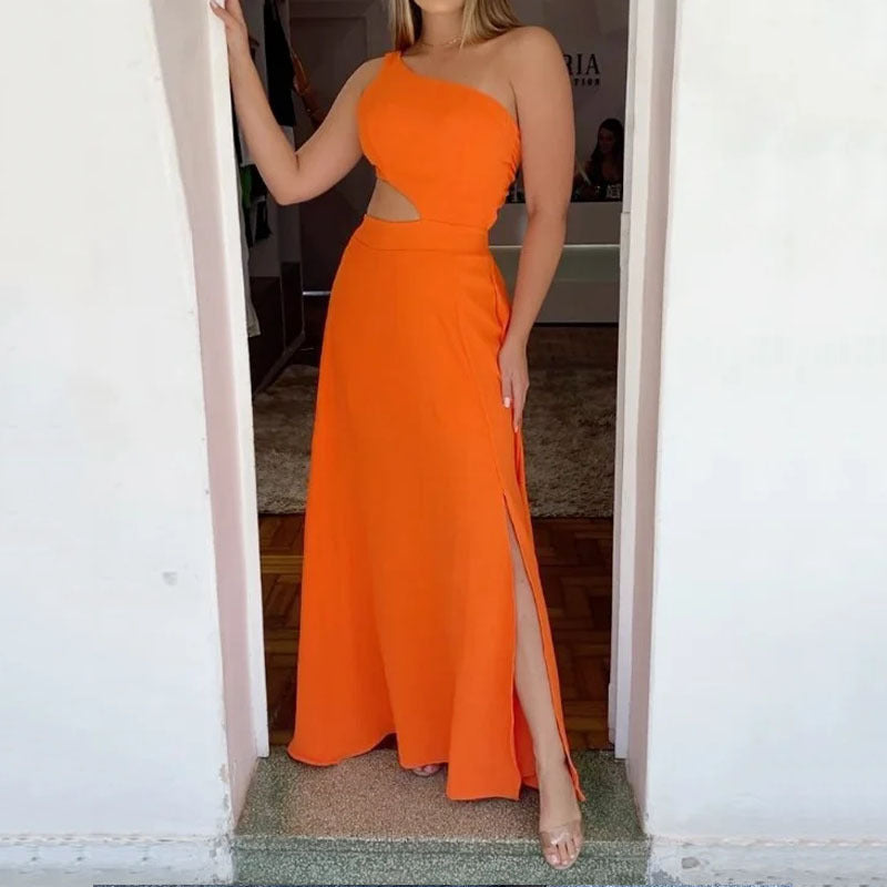 summer european and american style elegant fashion one-shoulder sleeveless solid color tie-waist slit maxi dress