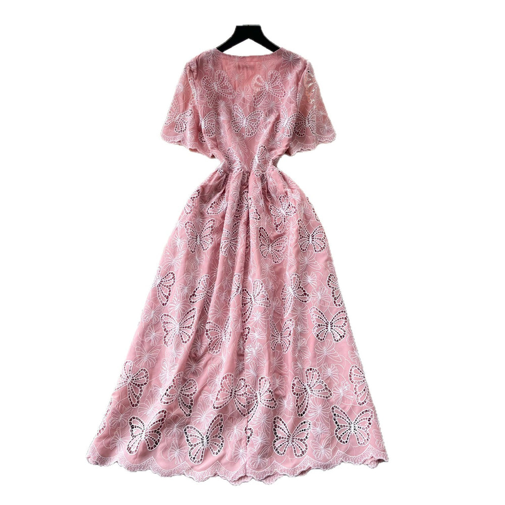 French-style heavy lace v-neck butterfly cutout dress - women's summer korean style short sleeve slimming a-line dress - pink