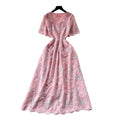 French-style heavy lace v-neck butterfly cutout dress - women's summer korean style short sleeve slimming a-line dress - pink