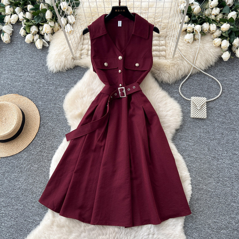 K-stylework clothingv neck sleeveless lapel dress women's summer waist slimming look a-line skirt eleganceelegantsilmp skirt