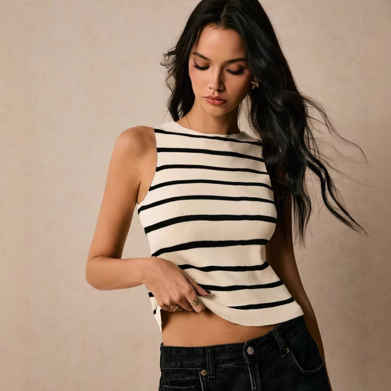 Amazon independent station cross-border women's clothing  spring and summer european and american frenchretrov neckstripescardigan vest sweater