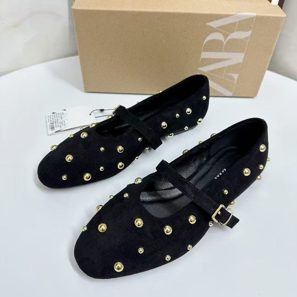 Za spain 2025 summer new arrival: single strap round toe rivet detail black brown suede ballet flats for women