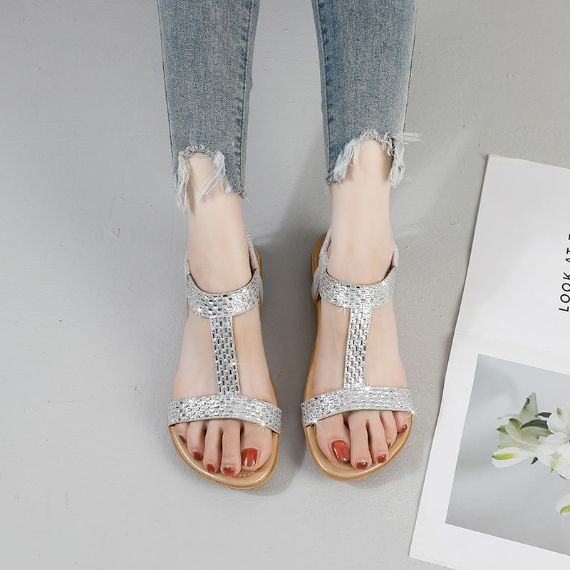 2025 summer new arrival: women's foreign trade sandals - sweet & comfortable round toe plus size ladies' shoes with rhinestone and hotfix embellishments