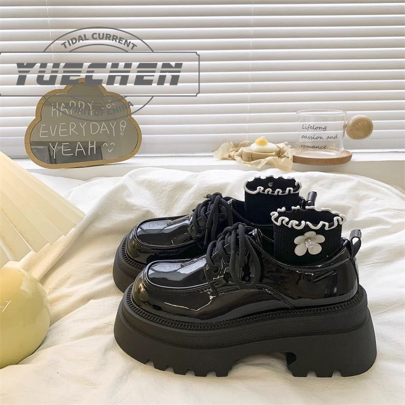 PLOVER platform muffin small leather shoes women's 2024 spring and autumn new versatile retro British style lace-up skirt shoes