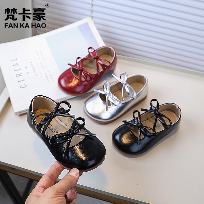 Vancahao girls' bow-tie princess shoes, new spring/autumn  collection, kids' black leather soft-soled dance shoes
