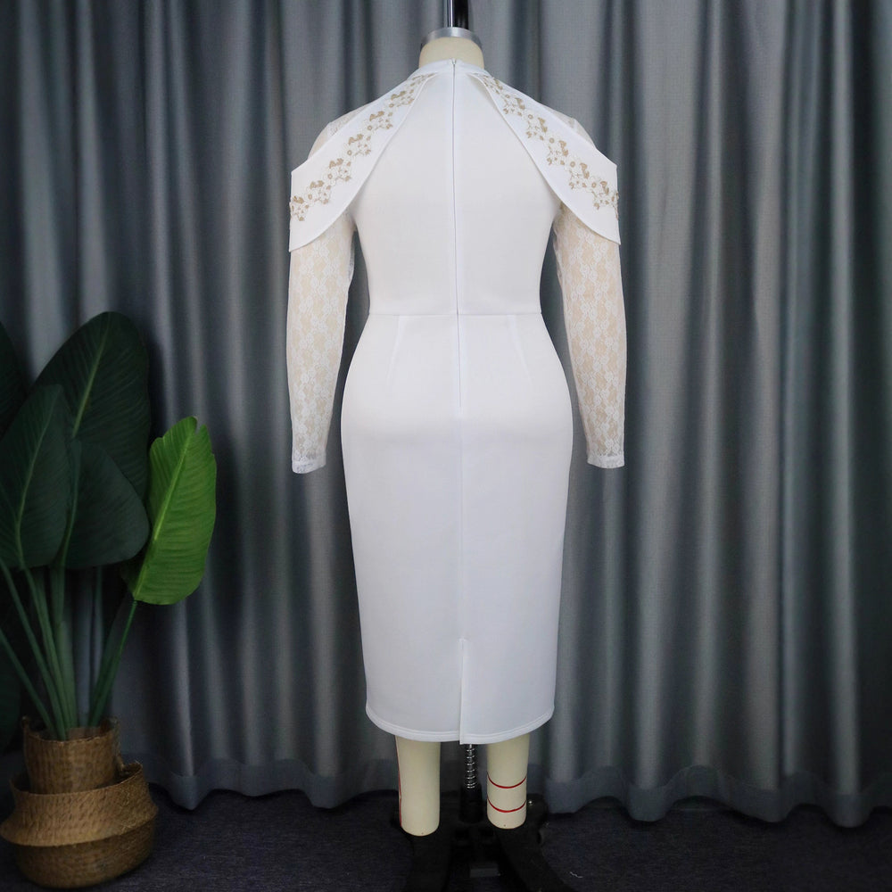 European and american design round neck party dress - lace trim long sleeve bodycon mini dress - bridesmaid dress