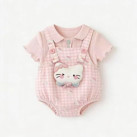Summer sweet short-sleeve outfit for girls: stylish overalls and romper set - lightweight, cartoon-themed, and versatile for babies