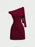 European and american style hot girl cross-border new solid color one-shoulder sleeveless patchwork tie-up bodycon mini dress for women