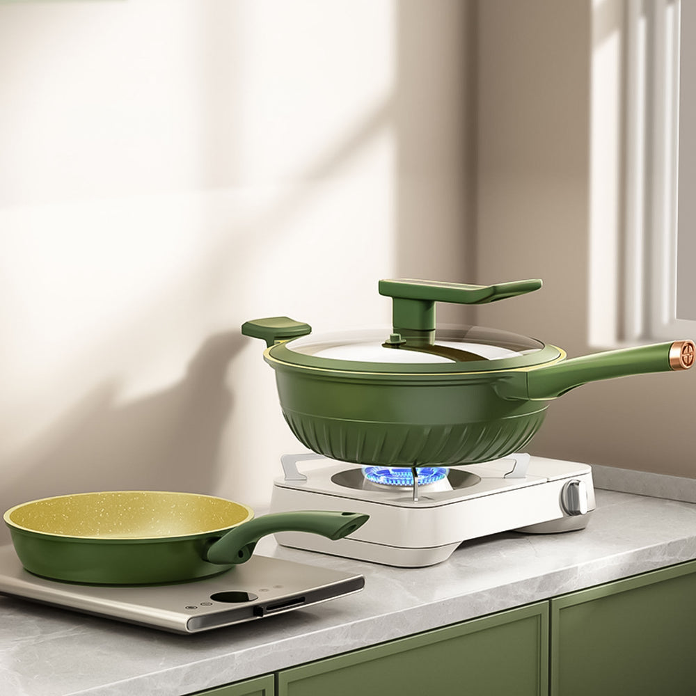 Luxury avocado green non-stick cookware set - perfect for home use. includes a stockpot, frying pan, and induction-compatible cookware. ideal as a gift set