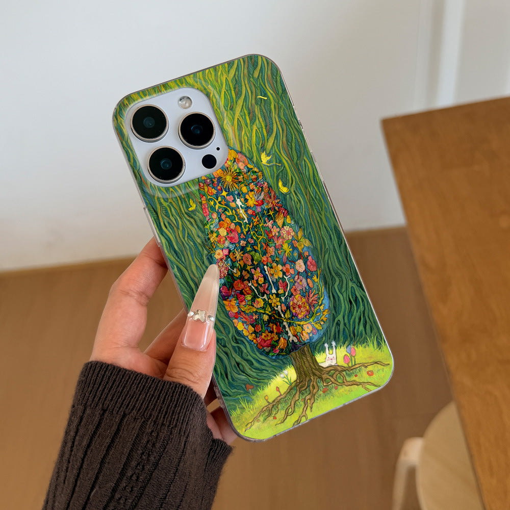 "instagram-worthy forest-themed healing illustration phone case, compatible with iphone 17 pro max, iphone 16/15, and iphone 13. drop-proof hard case."