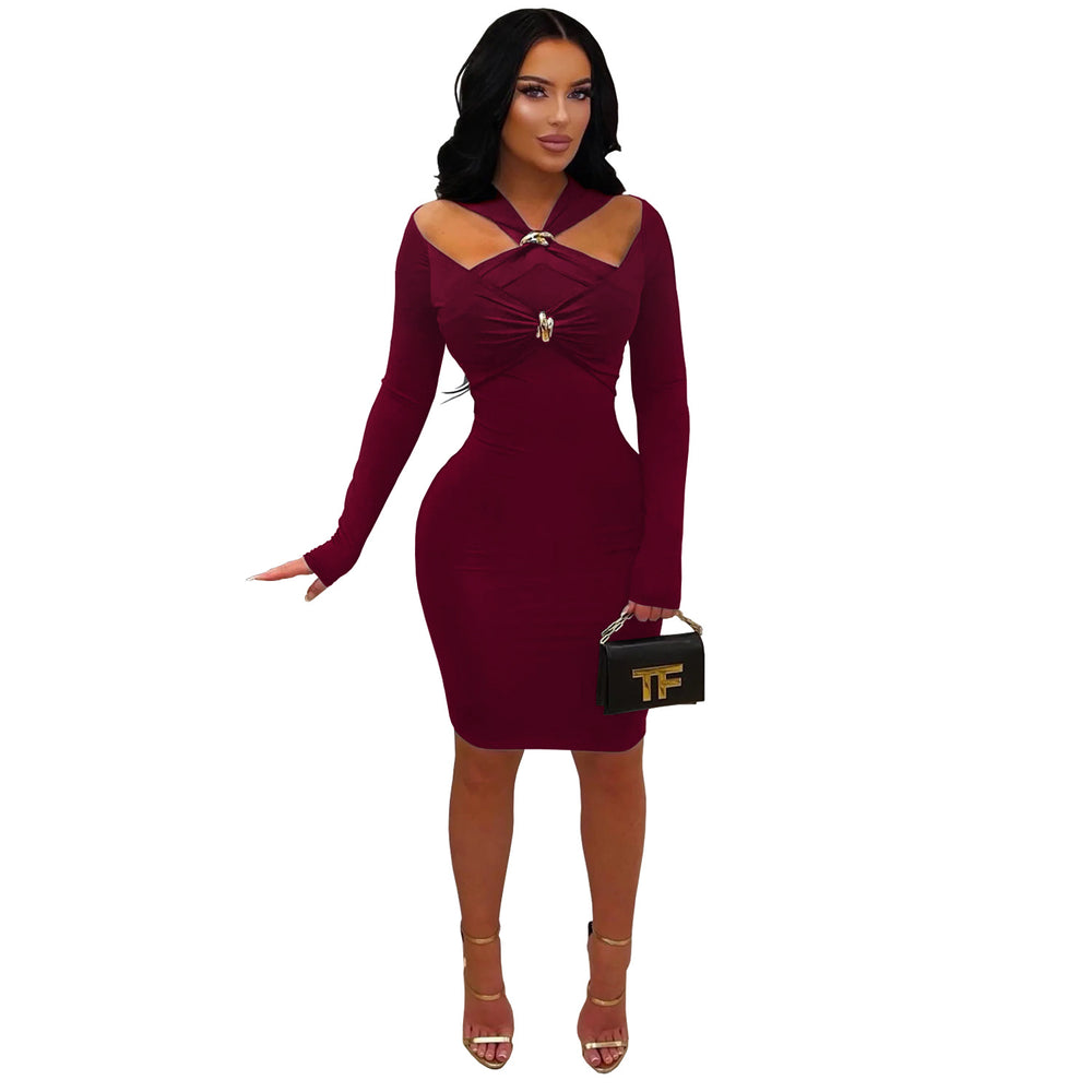 C7627 cross-border   fashion women's off-the-shoulder bodycon mini dress - elegant solid color