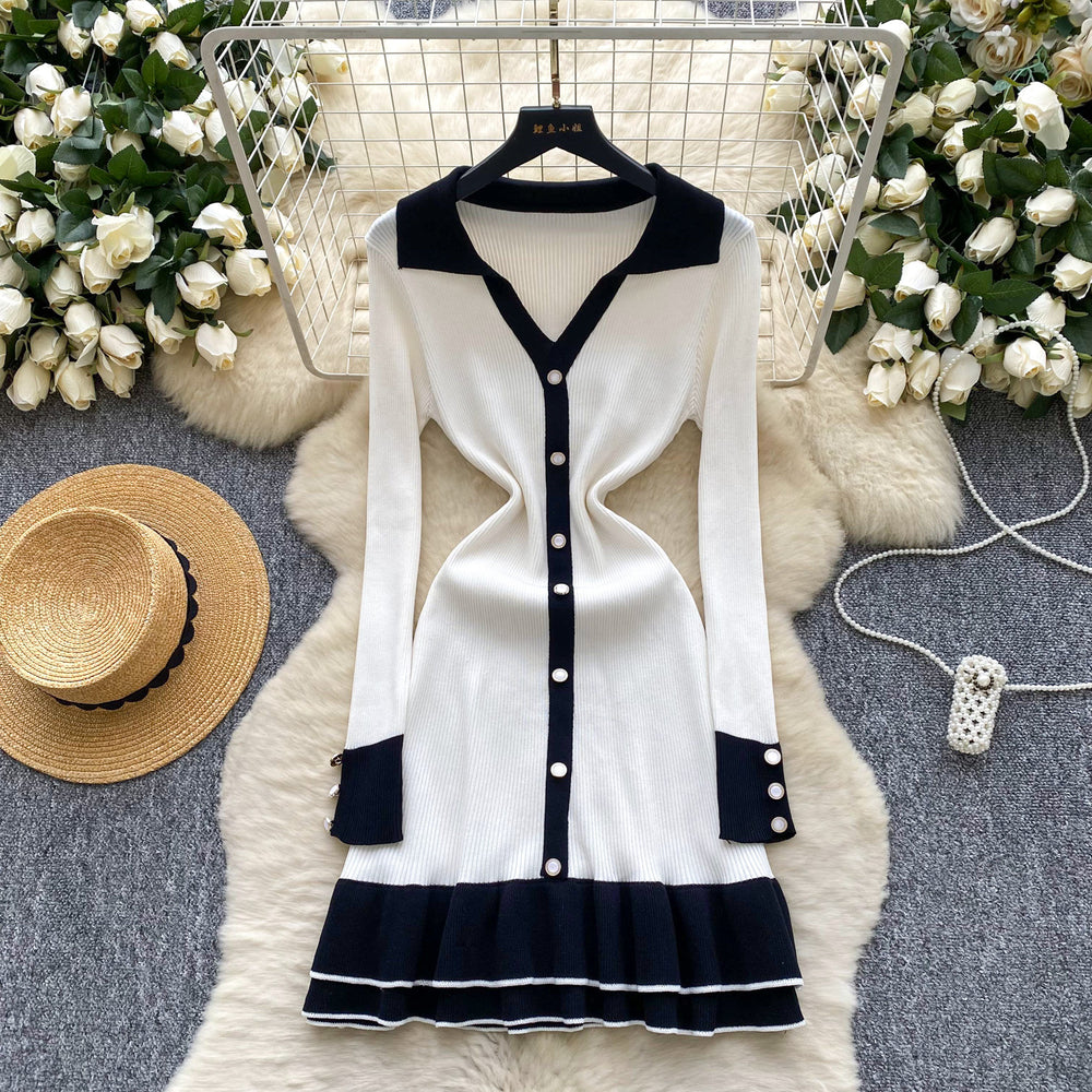 Frenchretrocontrast colorpolo collarlong sleeves single breasted silmdress women's waistelegantrufflessweater skirt