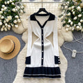 Frenchretrocontrast colorpolo collarlong sleeves single breasted silmdress women's waistelegantrufflessweater skirt