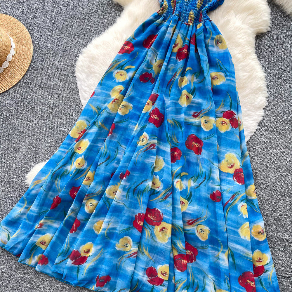 Vacation style v neck floral sleeveless dress women's summer pastoral style blue ribbon waist slimming look long skirt