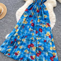 Vacation style v neck floral sleeveless dress women's summer pastoral style blue ribbon waist slimming look long skirt
