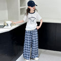 summer new arrival: kids' short-sleeve plaid pants two-piece set - children's cartoon letter lace-trimmed short-sleeve casual outfit