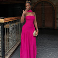 European and american cross-border women's fashion  summer new arrival: elegant choker strapless bodycon rose red long evening dress