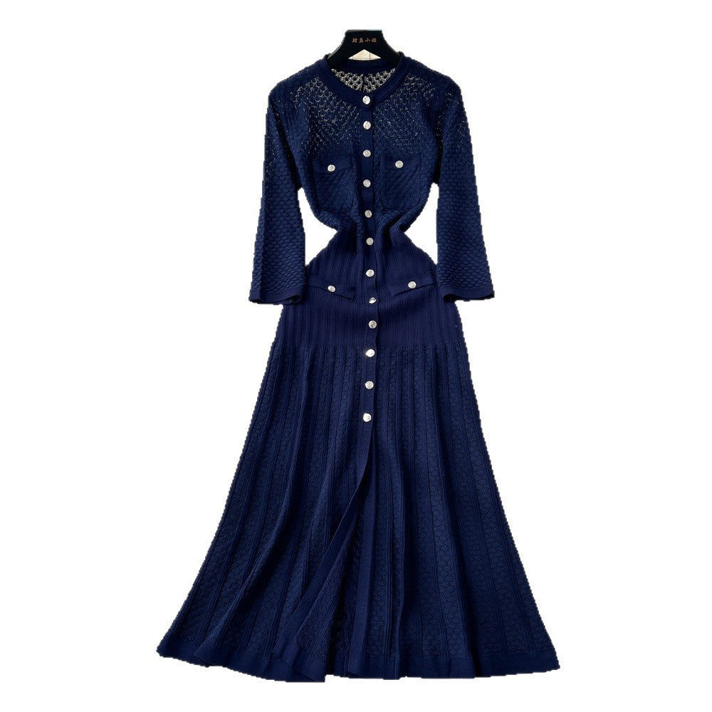 French gentle style niche heavy industry cut out crochet knittingdress women's autum metal button waist slit long skirt