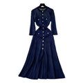 French gentle style niche heavy industry cut out crochet knittingdress women's autum metal button waist slit long skirt