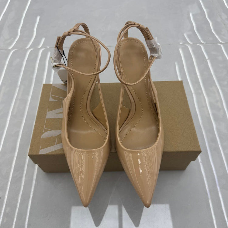 Spanish women's shoes 2025 summer new arrivals: nude stiletto sandals with patent leather effect, pointed toe, open back, and high heels