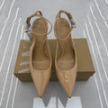 Spanish women's shoes 2025 summer new arrivals: nude stiletto sandals with patent leather effect, pointed toe, open back, and high heels