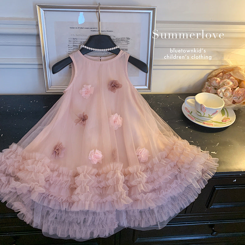 summer girls' sleeveless elegant 3d floral mesh dress - sweet and stylish for little girls