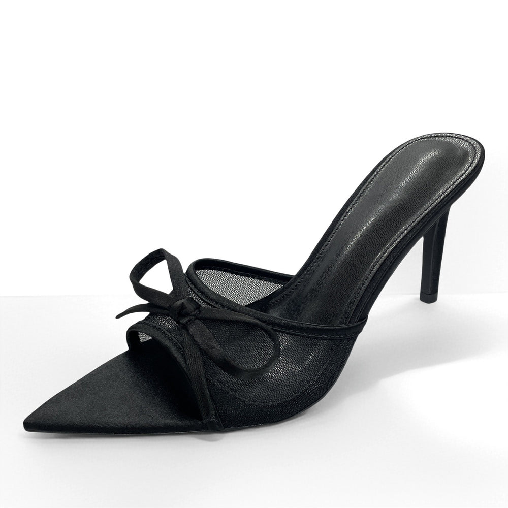 2026 summer breathable open-toe pointed-toe mules women's shoes sweet bow sandals european and american style elegant mesh high heels