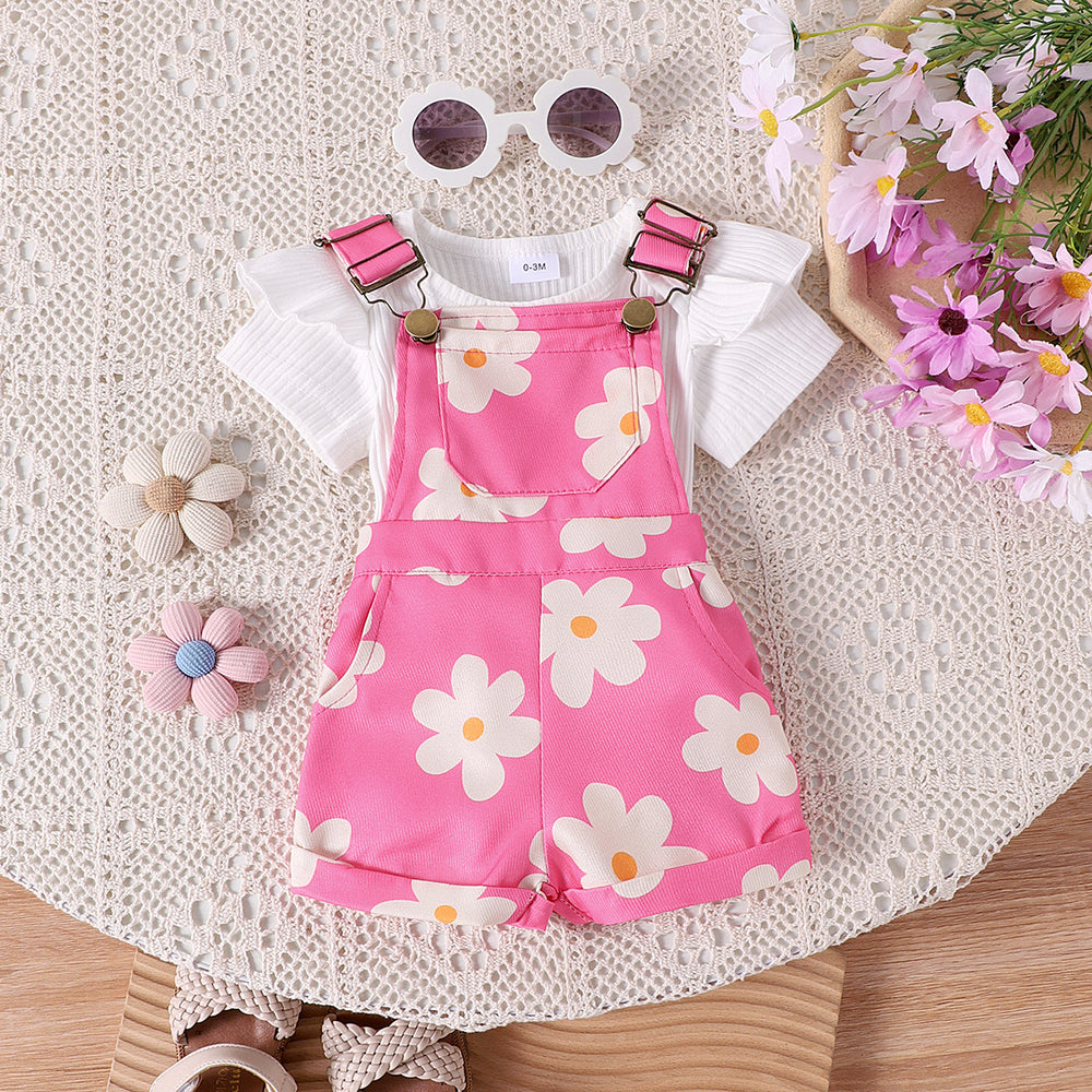 Amazon spring new girls' baby outfit set: solid color short-sleeve top with printed overalls two-piece set