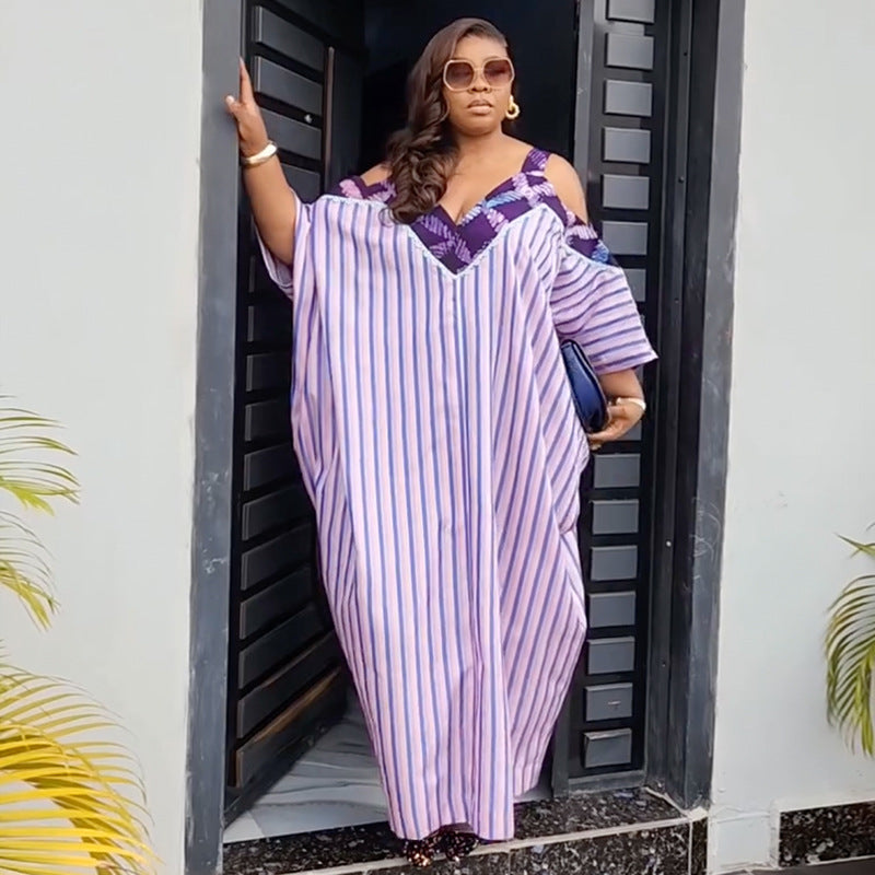 European and american cross-border women's clothing:  summer new arrival - elegant, casual, loose-fit, plus size, v-neck, striped maxi dress