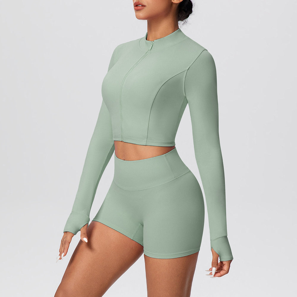 High-waisted, butt-lifting, form-fitting athletic shorts with a zip-up outer layer – a barely-there, casual running and fitness outfit set, perfect for yoga