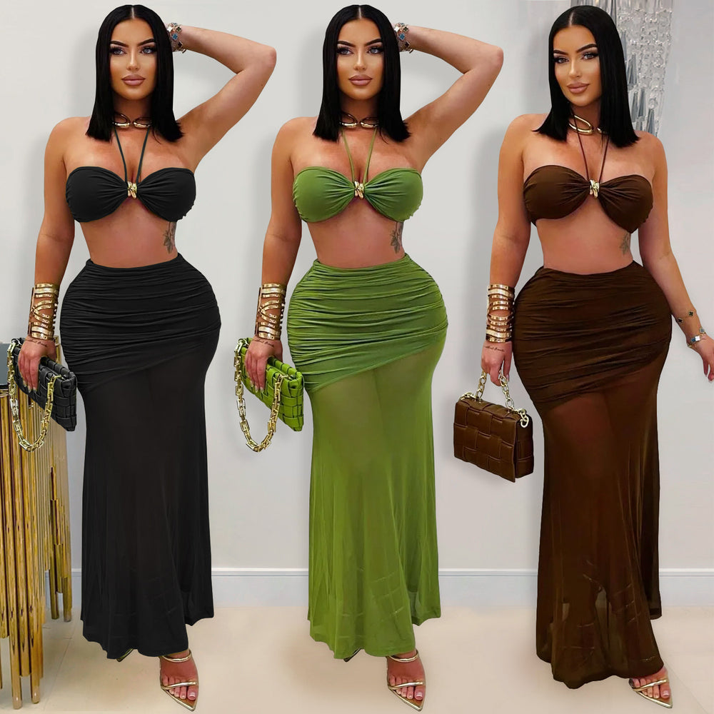 C7456 cross-border   fashion women's sexy bandeau sleeveless ruched mesh maxi dress new
