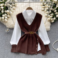 Autumn new arrival: chic & mature style - loose fit lapel patchwork white shirt + v-neck asymmetrical knit vest two-piece set