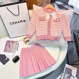 Exclusive tweed styletwo-piece setbowsgirl knitting skirt