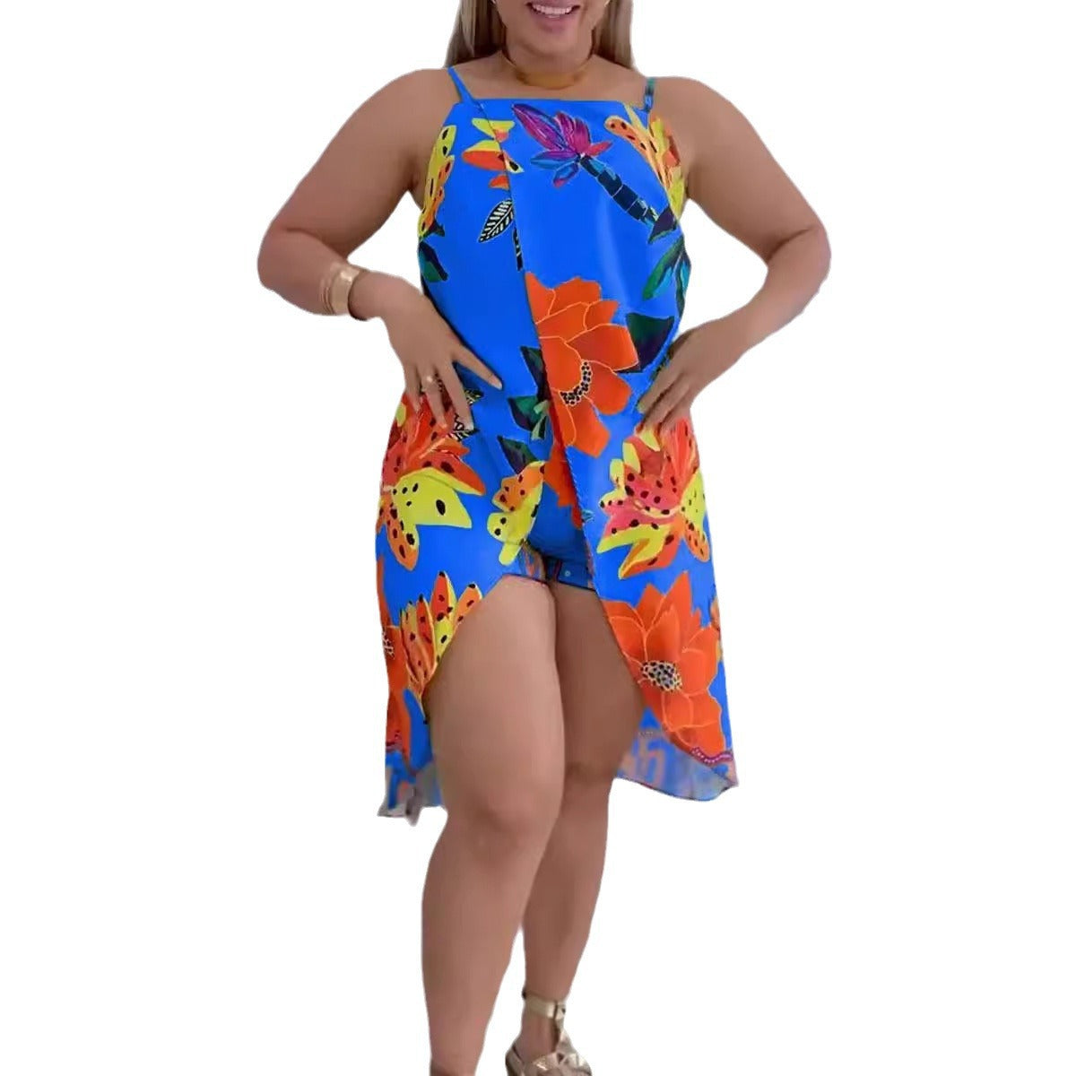 S10779 European and American sexy printing suspender split culottes set two-piece set