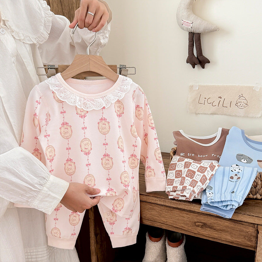Kidsfall and wintershu velvet 320gthickenedpure cotton autumn clothes and long pants home clothes suit class a boneless baby set of two pieces