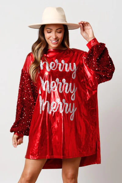 European and american cross-border women's fashion  christmas new arrival sequin long sleeve patchwork round neck printed midi dress